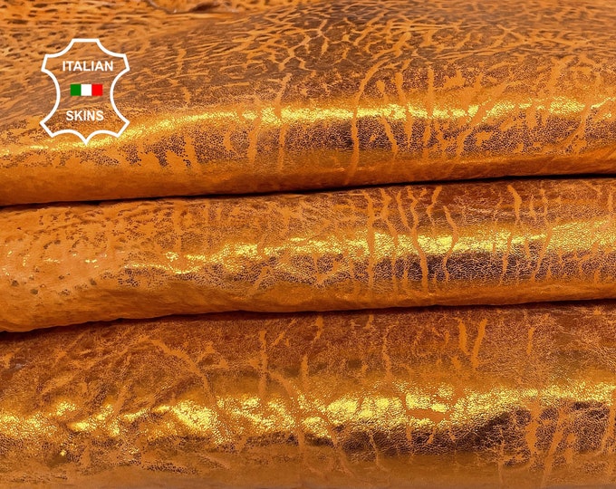 BUBBLY ORANGE METALLIC distressed washed bubbly grainy textured vintage thick Lambskin Sheep leather 2 skins total 8sqf 1.8mm #A7413