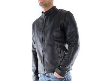 Italian handmade slim fit Men genuine leather jacket black lambskin snake texture  XS to 2XL