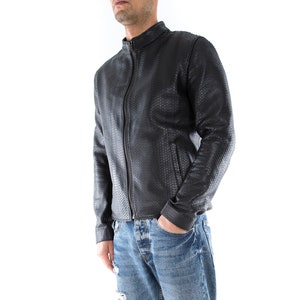 Italian handmade slim fit Men genuine leather jacket black lambskin snake  texture XS to 2XL