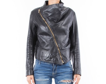 Italian handmade Women genuine soft lambskin leather trendy biker asymmetrical jacket slim fit black