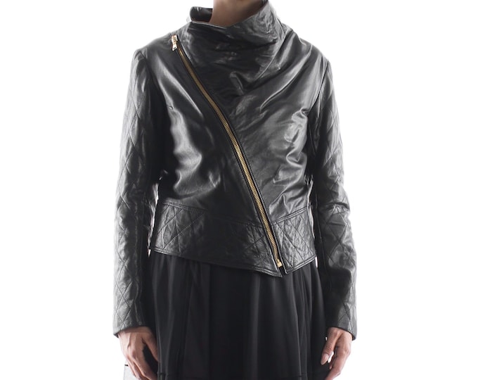 Italian handmade Women genuine soft lambskin leather trendy cropped biker asymmetrical jacket slim fit color black