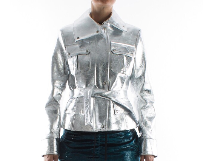 Italian handmade Women genuine lambskin leather belted jacket METALLIC SILVER CRINKLE