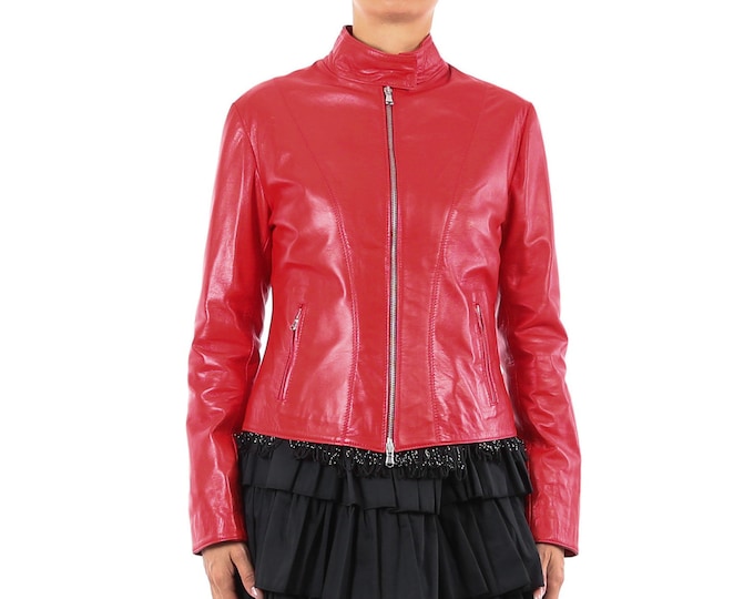 Italian handmade Women soft genuine lambskin leather fitted jacket slim fit color Red