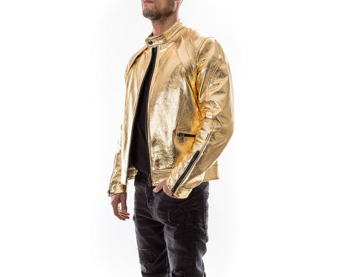 METALIC GOLD Italian handmade Men genuine Lambskin real leather jacket slim fit Xs to 3XL