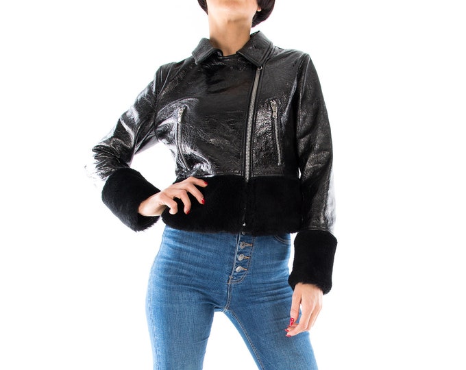 Italian handmade Women genuine soft patent black lambskin leather biker jacket with shearling XS to 2XL