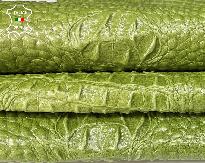 LIME GREEN CROCODILE Alligator texture embossed on Italian lambskin Lamb Sheep leather 12 skins hides total 80-90sqf