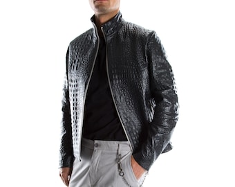 Free FedEx & Duties - BLACK ALLIGATOR CROCODILE embossed on genuine Goatskin leather Italian handmade Men jacket slim fit