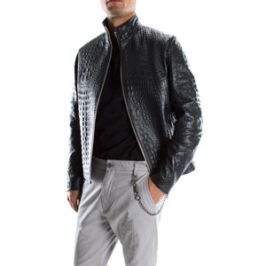 Delivered Duty paid - BLACK ALLIGATOR CROCODILE embossed on genuine Goatskin leather Italian handmade Men jacket slim fit