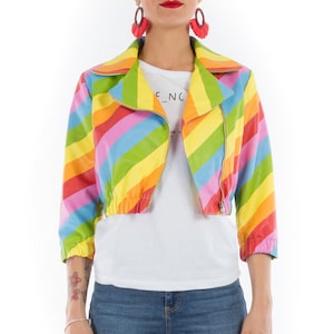 Italian handmade Women genuine soft lambskin leather trendy pride cropped biker jacket slim fit color RAINBOW MULTICOLOR