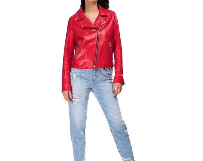 Italian handmade Women genuine lambskin leather biker jacket slim fit Red