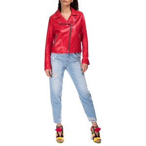 Italian handmade Women genuine lambskin leather biker jacket slim fit Red