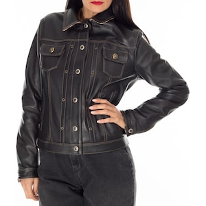 Italian handmade Women genuine leather jeans style jacket black S to 2XL