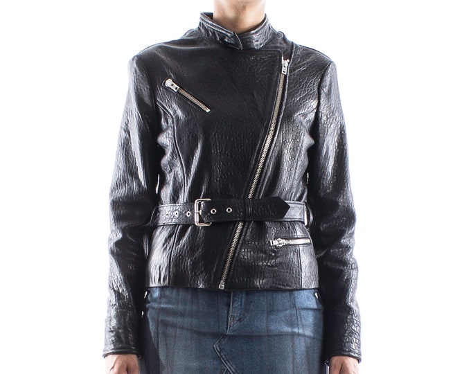 Italian handmade Women genuine lambskin leather biker jacket color natural grainy black
