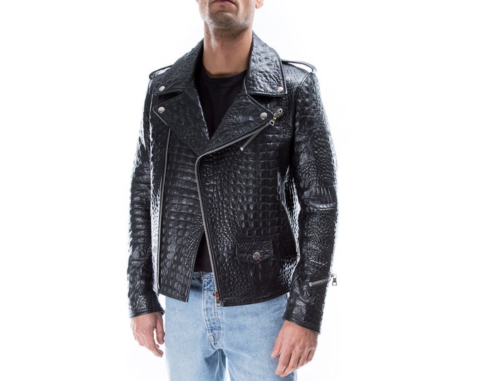 Italian handmade Men biker jacket slim fit black Crocodile textured embossed on Goat leather XXS to 3XL