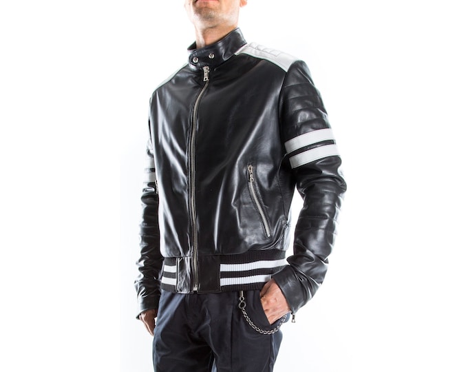 Italian handmade Men genuine lambskin Lamb Bomber leather jacket BLACK & WHITE  S to 2XL