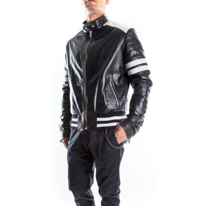 Italian handmade Men genuine lambskin Lamb Bomber leather jacket BLACK & WHITE  S to 2XL