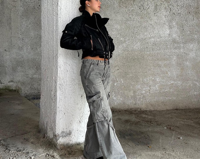 Italian handmade Women genuine leather biker cropped jacket BLACK Trendy Used Look