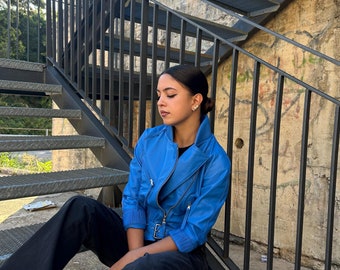 Italian handmade Women genuine leather biker cropped jacket BLUE