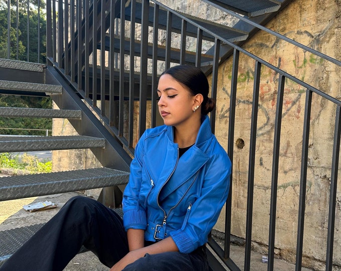 Italian handmade Women genuine leather biker cropped jacket BLUE