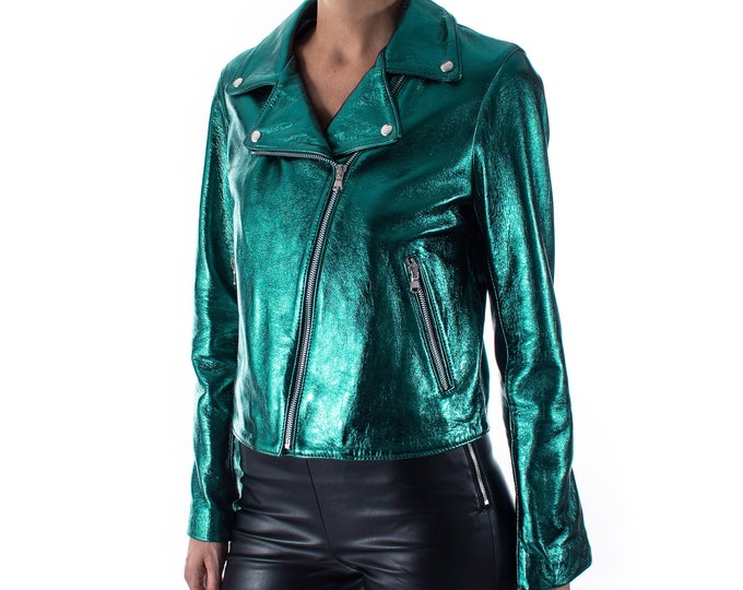 Italian handmade Women genuine lambskin leather biker jacket slim fit Metallic Teal