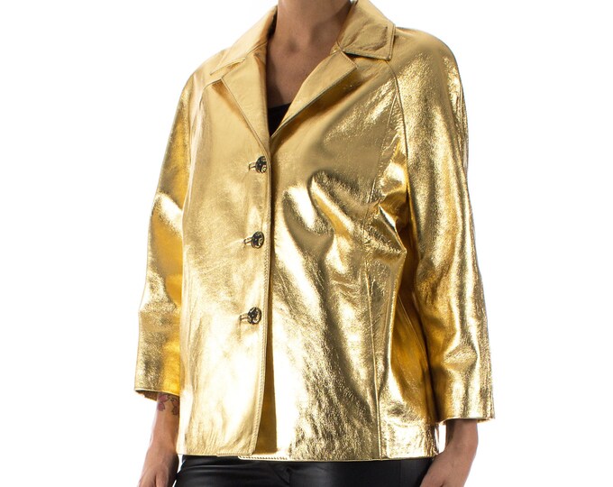 Italian handmade Women genuine lambskin leather jacket color Metallic Gold size M