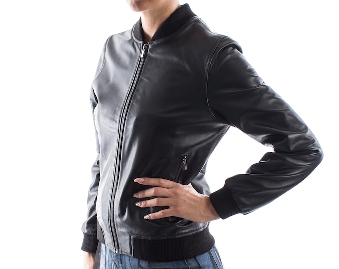 Italian handmade Women soft genuine lambskin leather bomber jacket Black