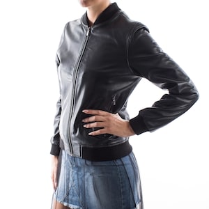 Italian handmade Women soft genuine lambskin leather bomber jacket Black
