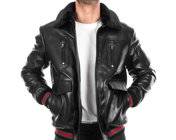 Italian handmade Men genuine lambskin Bomber leather jacket removable fur comfortable fit collar color Black S to 2XL