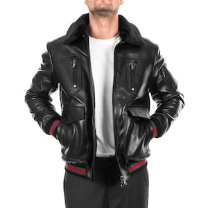 Italian handmade Men genuine lambskin Bomber leather jacket removable fur comfortable fit collar color Black S to 2XL