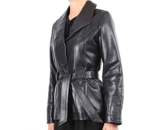 Italian handmade Women soft genuine lambskin leather belted coat jacket  color Black