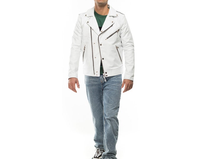 Italian handmade Men genuine lambskin leather biker jacket slim fit White 2XS to 2XL