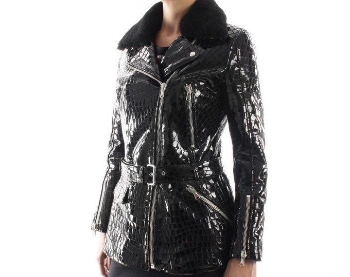 Italian handmade Women genuine leather long biker jacket slim fit shiny patent black crocodile print shearling collar