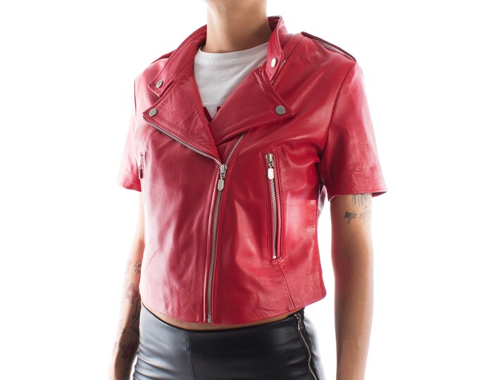 Italian handmade Women soft genuine lambskin leather fitted jacket slim fit color RED short sleeves Light weight