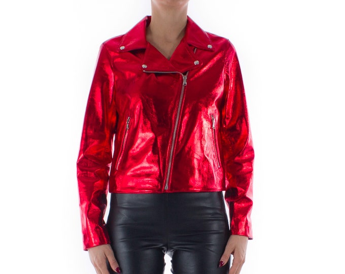 Italian handmade Women genuine lambskin leather biker jacket slim fit Metallic Red