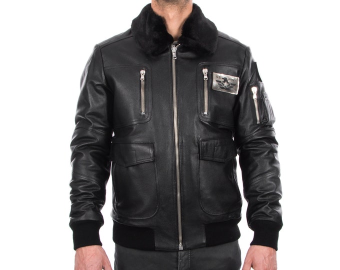 Italian handmade Men Waterproof  ARMY Bomber leather jacket color grainy Black