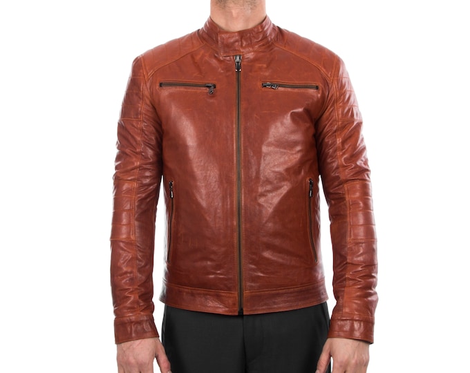 Italian handmade Men Lamb lambskin grenuine leather biker jacket slim fit cognac brown antiqued vintage look S to XL