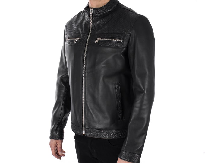 Italian handmade Men genuine lambskin leather jacket color 3 kind of black Black SMOOTH, WOVEN,CROCODILE Embossed