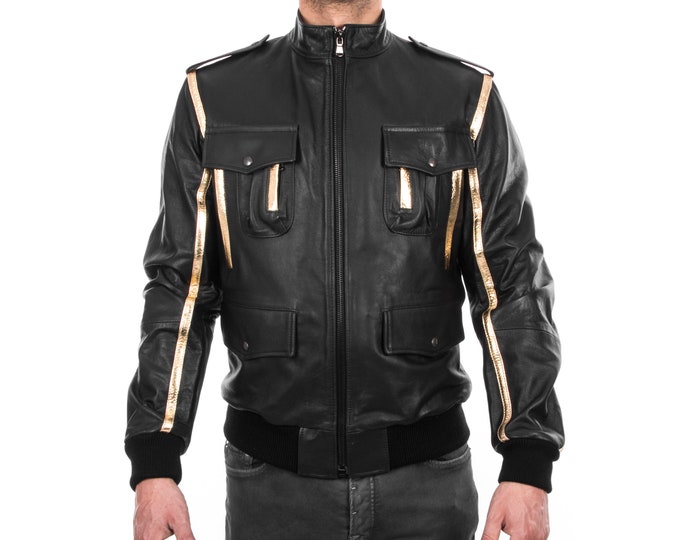 Italian men genuine lamb leather bomber jacket black & gold S To 2XL