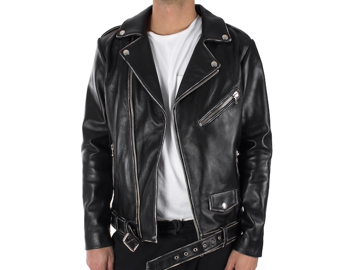 Italian handmade Men genuine lambskin leather biker jacket slim fit vintage Black