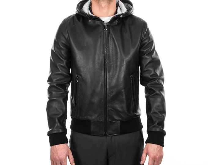 Italian handmade Men soft Genuine leather hooded bomber jacket color Black