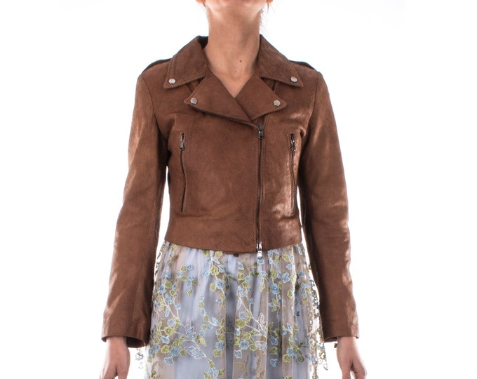 Italian handmade Women genuine soft lambskin leather trendy cropped biker jacket slim fit color BROWN snake texture