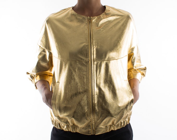 Italian handmade Women genuine lambskin leather bomber jacket loose comfort fit METALLIC GOLD