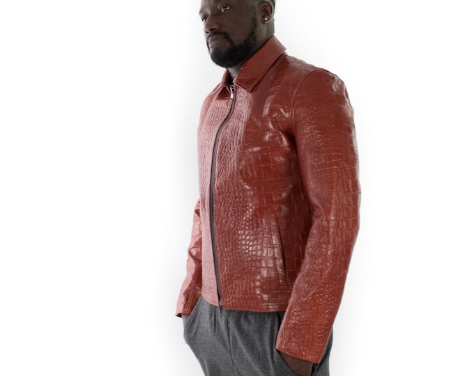 Italian handmade slim fit Men genuine goat leather jacket crocodile texture cognac brown XS to 2XL