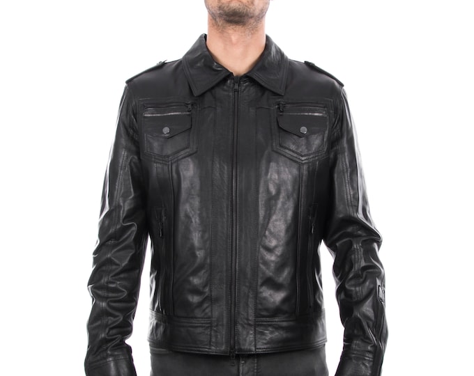 Italian handmade Men genuine lambskin leather jacket slim fit color Black