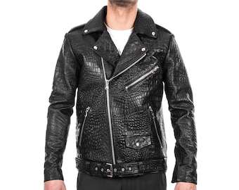 Italian handmade Men black Crocodile embossed on Goatskin leather biker jacket slim fit XXS to 3XL