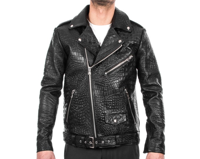 Italian handmade Men black Crocodile embossed on Goatskin leather biker jacket slim fit XXS to 3XL