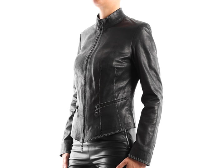 Italian handmade Women soft genuine lambskin leather jacket color black