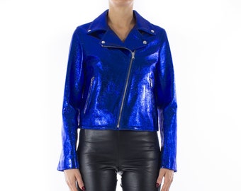 Italian handmade Women genuine lambskin leather biker jacket slim fit Metallic Royal Blue