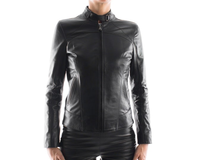 Italian handmade Women soft genuine lambskin leather jacket slim fit color Black