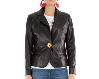 Italian handmade Women genuine soft lambskin leather blazer lightweight jacket slim fit color black